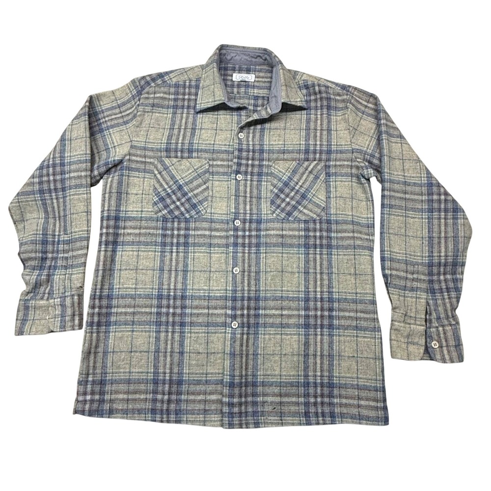 Vintage Lotte Plaid Flannel Shirt Mens Gry Blue Burgundy Button Down L/S Pockets